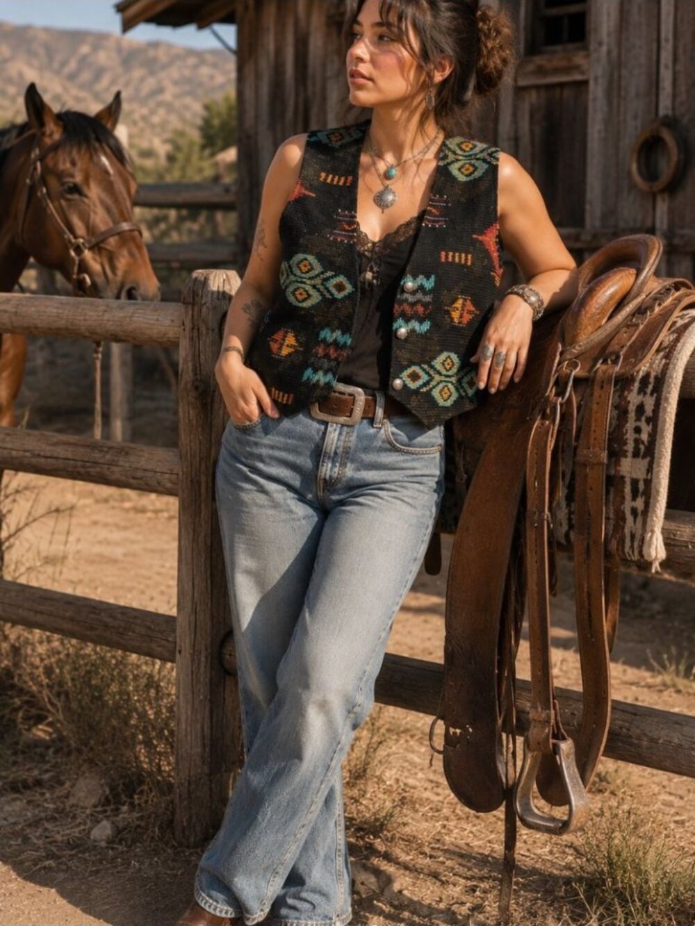 Vintage Deborah Murray Southwestern Vest Black XL Boho Western Festival Layering